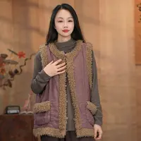 【麻黛儿】羊卷毛撞色拼接开衫盘扣夹棉加厚马甲-5360