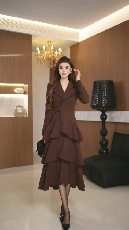 罗曼定制 高定原创秋季长袖时尚西装领连衣裙女收腰显瘦A字蛋糕裙