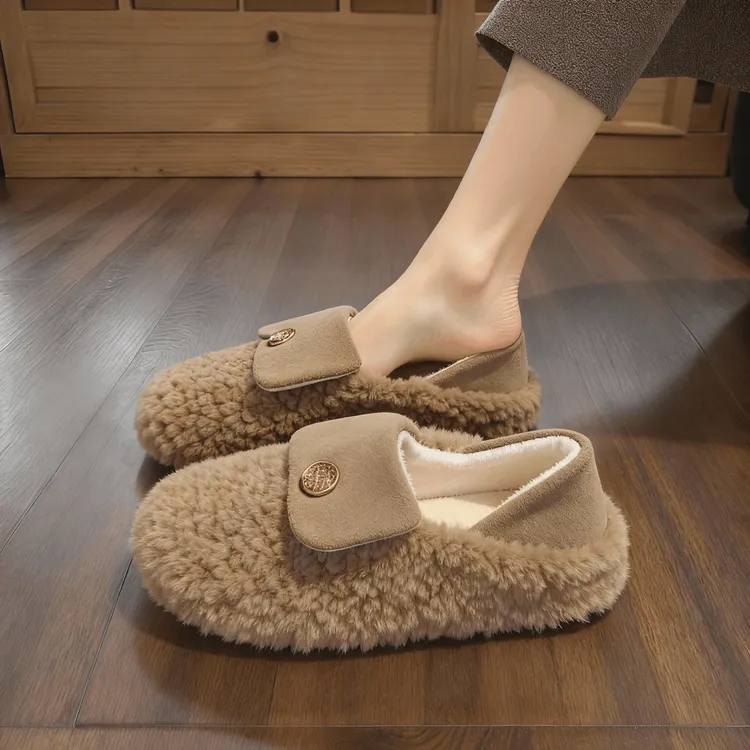 【羊羔毛】小香风毛毛鞋女秋冬外穿时尚山茶花一脚蹬豆豆鞋孕妇棉鞋