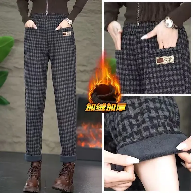 【运费补贴】冬季新款加绒加厚高腰弹力显瘦保暖中老年妈妈裤格子裤
