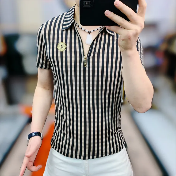  欧洲站夏季新款男士翻领半拉链半袖修身条纹休闲百搭冰丝短袖T恤