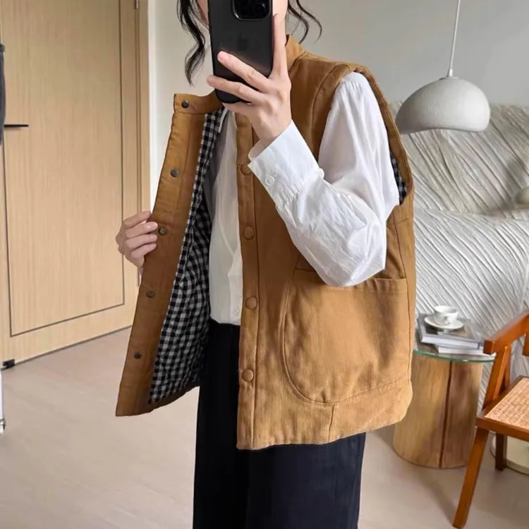 夹棉2025休闲马甲女日杂风秋冬季新款复古宽松小个子短款背心棉袄