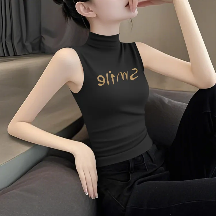 莫代尔半高领无袖背心女新款夏季显瘦洋气印花冰丝薄款外穿上衣潮