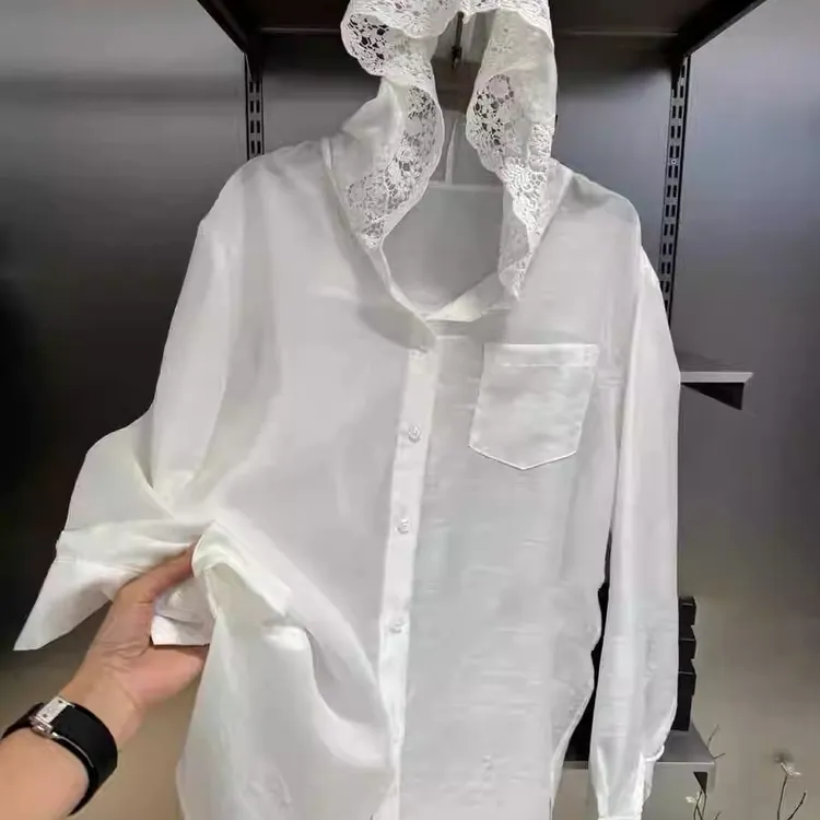 欧货2025夏季新款蕾丝连帽衬衣女防晒薄款长袖宽松开衫外套上衣