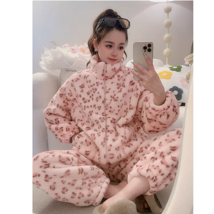 冬季家居服套装冬季加厚豹纹女冬加厚拉链睡衣套装甜美