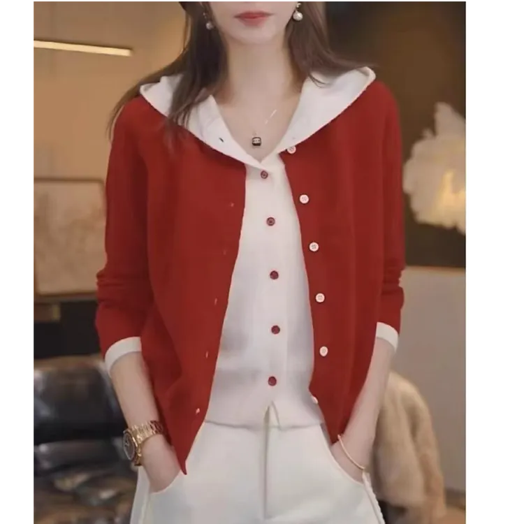 3877大码女装2025春季新款时尚百搭显瘦连帽假两件毛衣针织开衫女