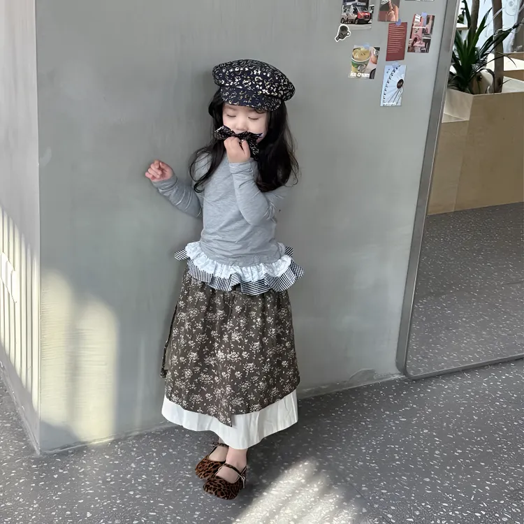 女童春装套装2025新款韩系洋气时髦宝宝长袖花边上衣碎花半身裙子