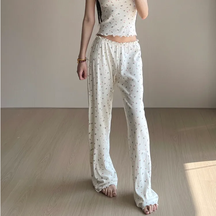 【消烦局长】cotton rib tank碎花直筒宽松休闲运动慵懒风长裤子女