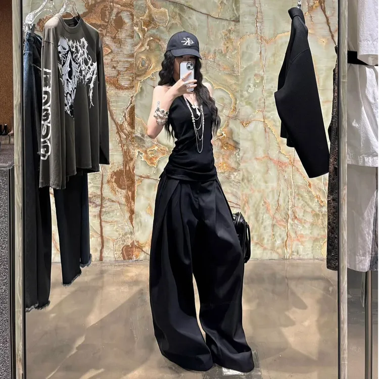 美式辣妹修身V领吊带背心显瘦上衣女夏季高腰休闲阔腿裤两件套