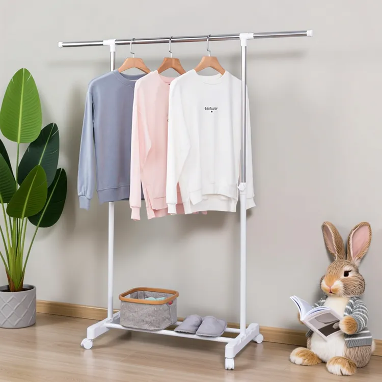 室内晾衣架落地单杆式不锈钢简易杆小折叠卧室挂晒家用衣服架子