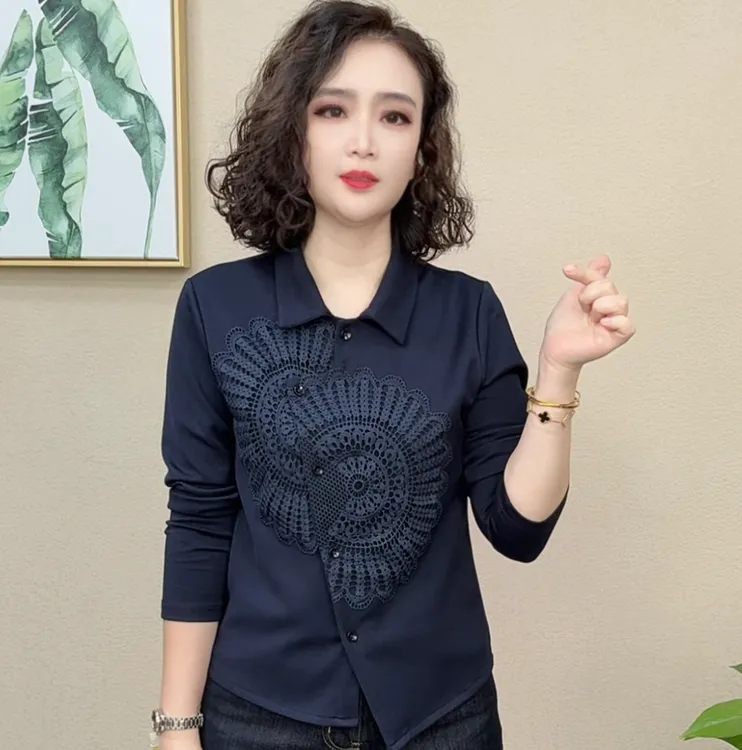 2025秋季新款复古蕾丝拼接显瘦长袖时尚斜门襟气质上衣衬衣#56984