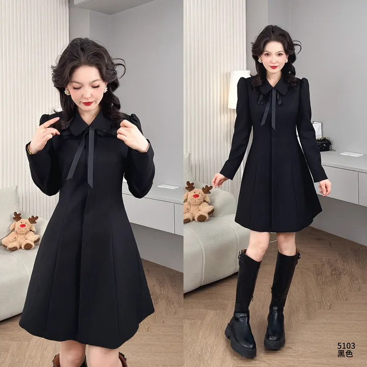 Saeda品牌女装高级感气质收腰显瘦蝴蝶结翻领连衣裙YF5103