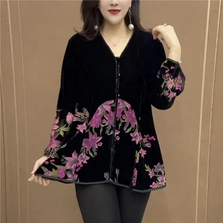 春季大码丝绒百搭妈妈打底时尚新款洋气显瘦上衣宽松气质小衫