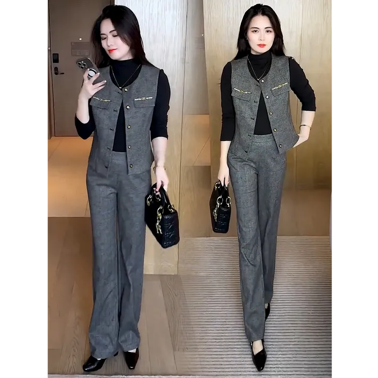 时尚套装女2025秋季新款洋气显瘦马甲半高领打底衫阔腿裤三件套潮