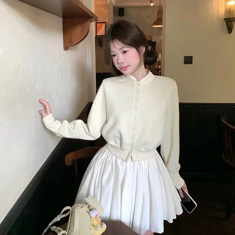 学院风套装设计感针织开衫女2025春季高腰短裙A字裙半身裙两件套