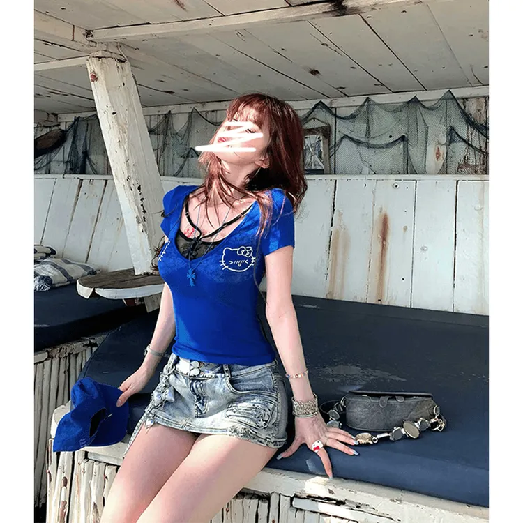 【玖柒同款】大码胖mm美式复古正肩短袖辣妹网纱短款显瘦T恤女夏季