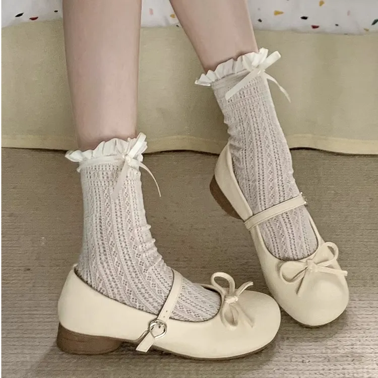 白色法式浅口粗跟单鞋女2025新款春秋配裙子蝴蝶结圆头玛丽珍女鞋
