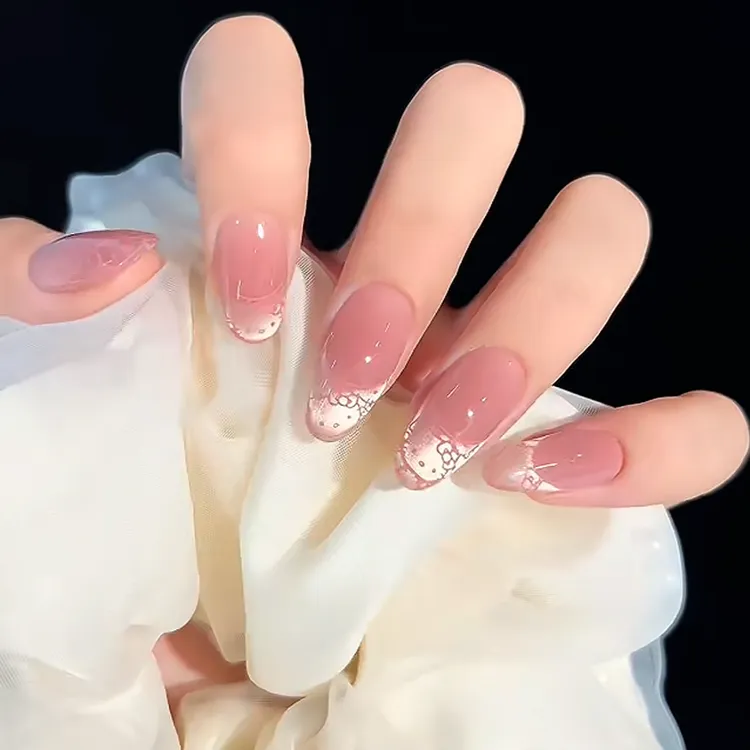 【法式KT】夏季新款可爱卡通纯手工穿戴甲短款日常显白粉色猫眼美甲