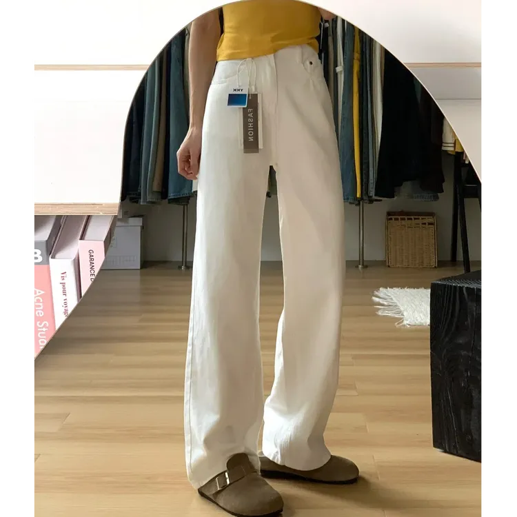 纯棉白色高品质直筒牛仔裤女2025四季新款窄版高腰拖地阔腿裤子