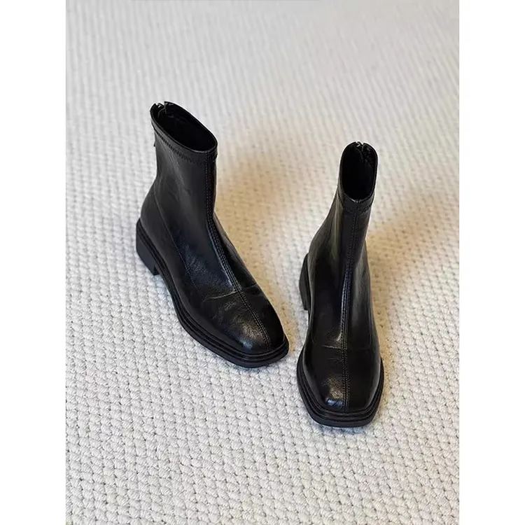 牛皮版~复古软皮方头瘦靴女短靴2025秋冬加绒气质通勤弹力靴软底