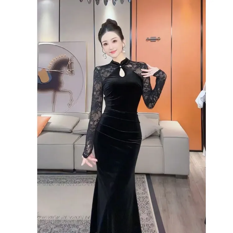 旗袍复古一字扣蕾丝长袖修身收腰气质时尚春秋季D3953