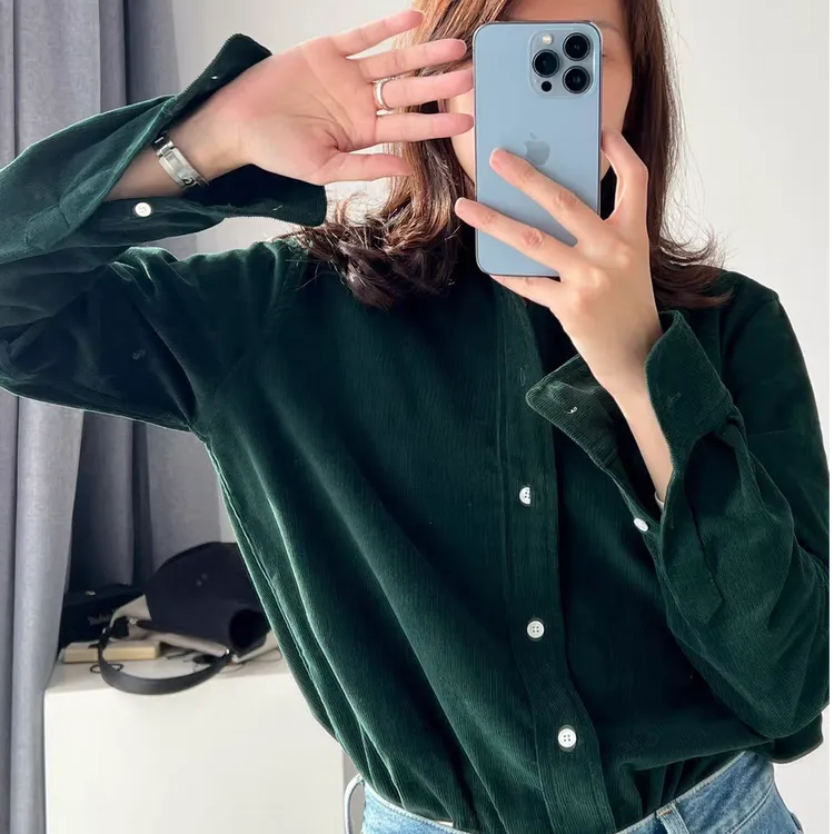 美式经典 复古老钱~翻领纯棉灯芯绒百搭长袖通勤衬衫女32220