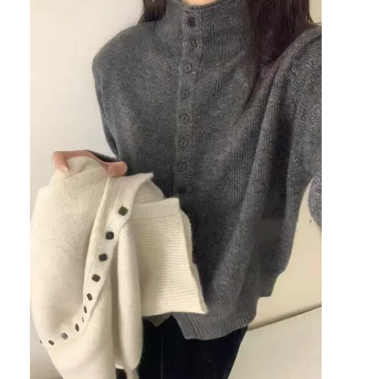 【气质小方扣】高级感灰色半高领毛衣开衫女爆款超好看内搭针织上衣