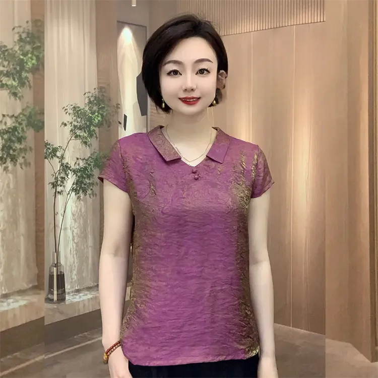 8625珠光变色短袖小衫夏季中年妈妈装宽松遮肉娃娃领减龄大码上衣