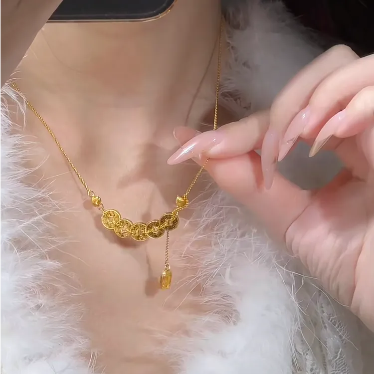铜合金项链 碎碎冰钱币时尚项链女钱多多五帝币招财锁骨链百搭