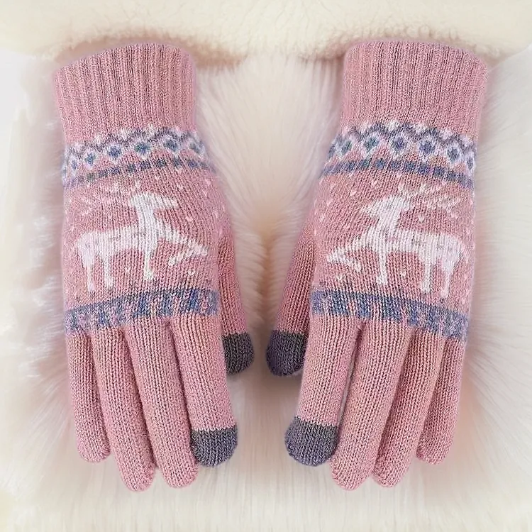 小鹿加绒加厚版触屏防风冬天保暖潮流学生大人五指毛线针织棉手套
