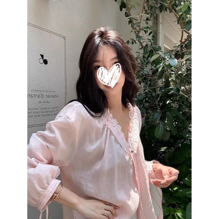 衬衫袖单排多扣夏季女V领不规则荷叶边薄款防晒衬衫法式上衣时尚