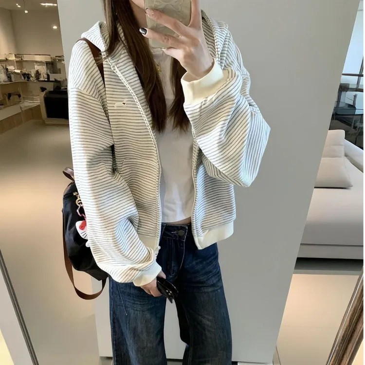 【ZHAP】美式复古刺绣小狗条纹开衫连帽卫衣女秋冬款宽松设计感外套