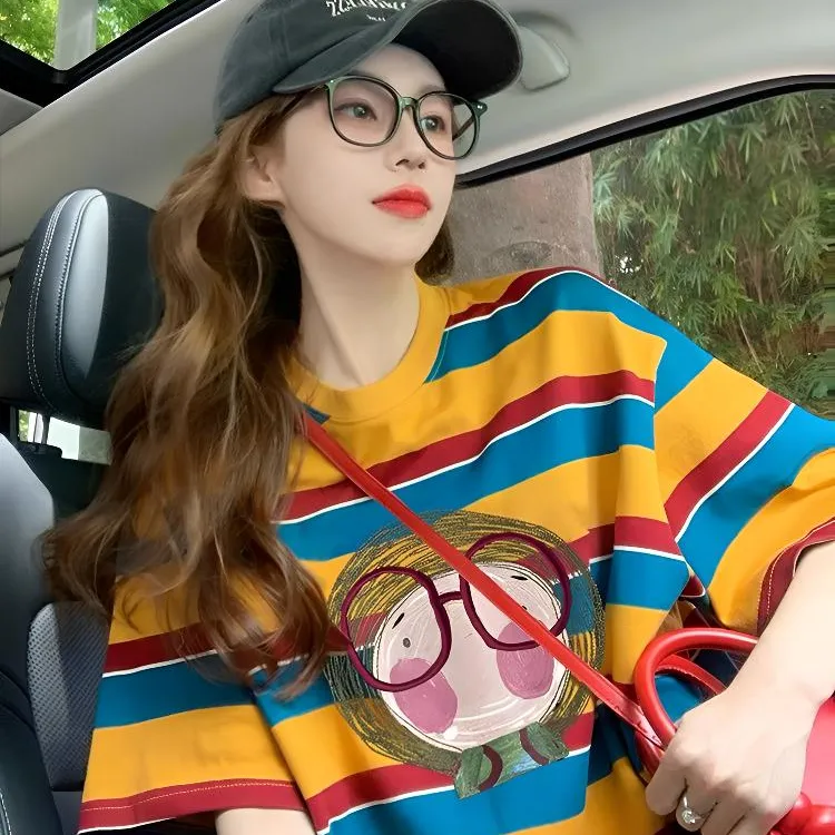 美式条纹T恤短袖女新款2025年夏季宽松ins上衣女装禅意仙气飘飘