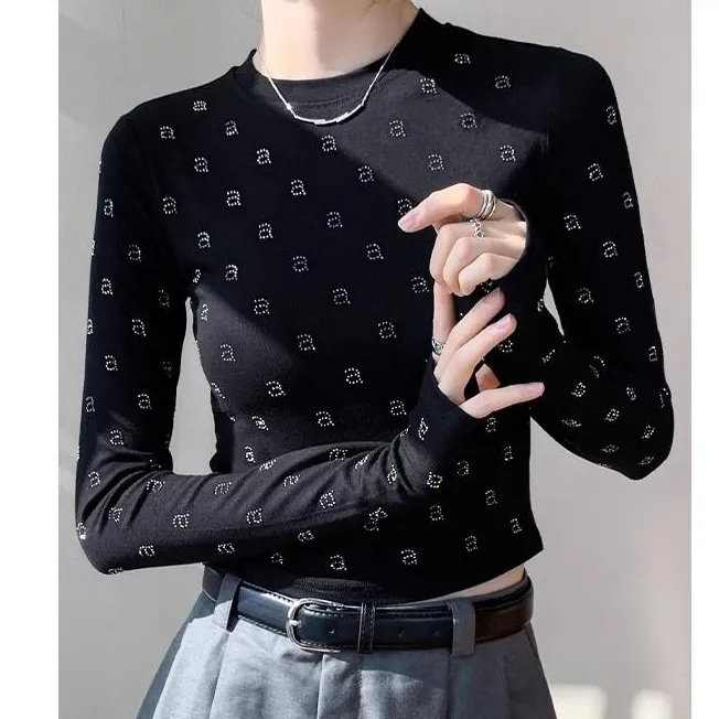 高级感字母烫钻修身长袖打底衫T恤女2025秋季新 款时髦洋气上衣潮