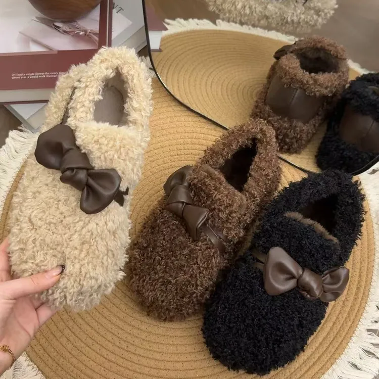 秋冬新款厚底增高蝴蝶结设计时尚百搭防滑外穿女毛毛休闲鞋保暖
