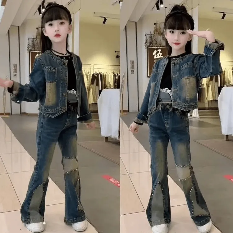 女童秋季牛仔春秋套装2025新款时髦洋气儿童外套中大童复古两件套