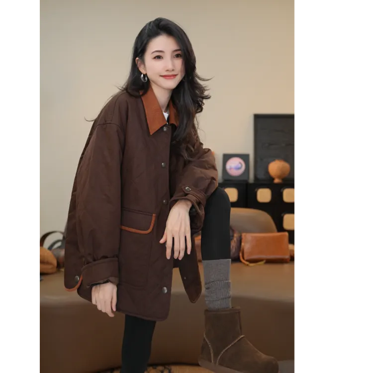 小乖逃加厚外套咖色领冬季短款棉服外套菱格方格口百搭款250956