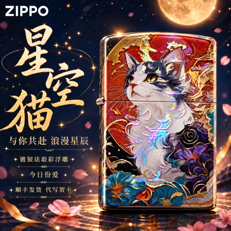 ZIPPO/之宝【今日份爱】zippo打火机星空猫火机镀银zippo钛彩打火机