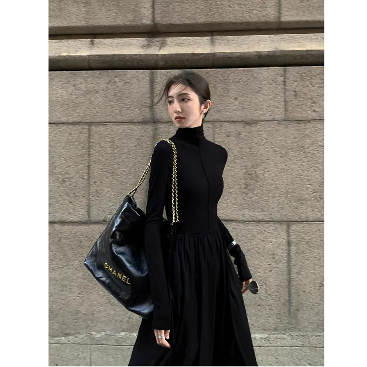 【高领加绒多色】法式赫本风气质百搭长裙收腰显瘦黑色长款连衣裙