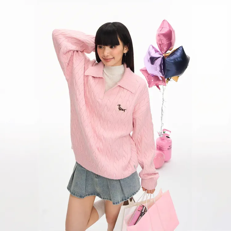 翻领刺绣毛衣女外搭厚款洋气减龄针织衫宽松百搭上衣