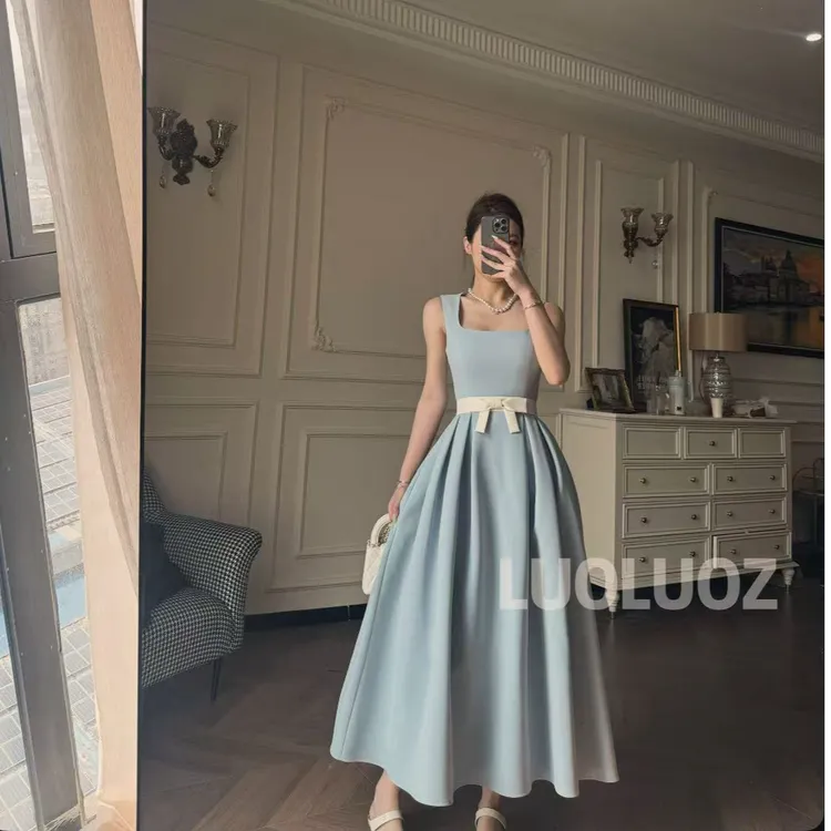 【现货】LUOLUOZ【春樱漫舞】气质背带方领撞色时尚长款连衣裙JF599