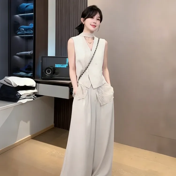 【忽而今夏】高级感气质时尚拼接蕾丝马甲女上衣+高腰阔腿裤两件套