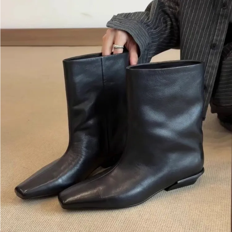 羊皮版~小众设计感方头粗跟短靴女2025新款英伦风百搭显瘦时装靴