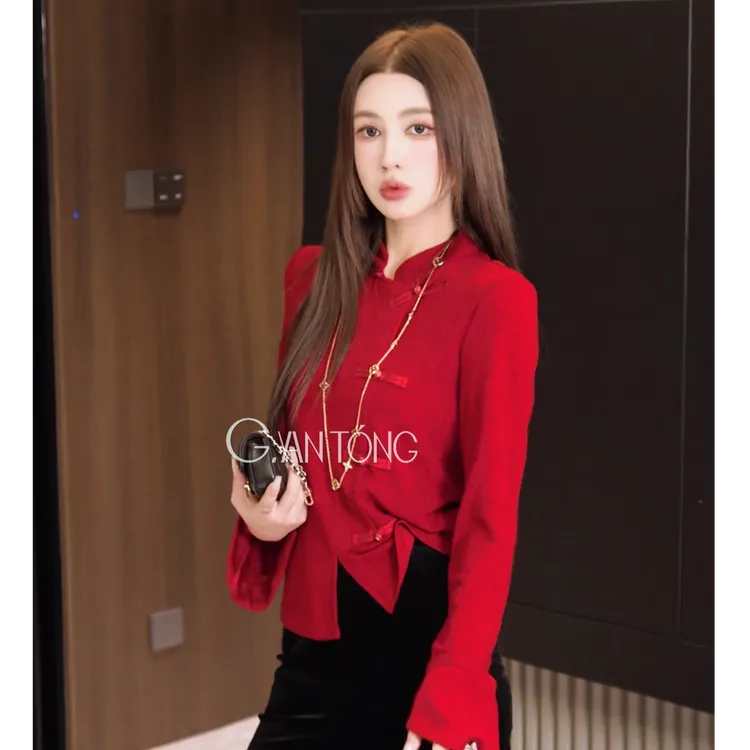 G. yantong/郭彦彤定制立领醋酸斜襟长袖上衣显瘦时尚秋款DD1227