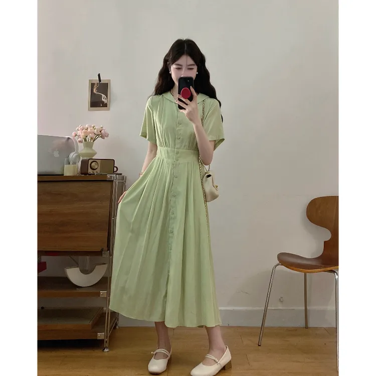 大码女装气质显瘦短袖连衣裙胖mm夏季新款度假风遮肉收腰长裙子仙