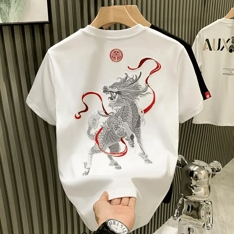 时尚潮牌夏季新款短袖恤男潮重工麒麟刺绣青年体恤半袖上衣潮流