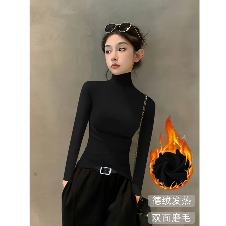 2025新款秋冬黑色高领长袖打底衫女德绒发热加绒加厚内搭洋气上衣