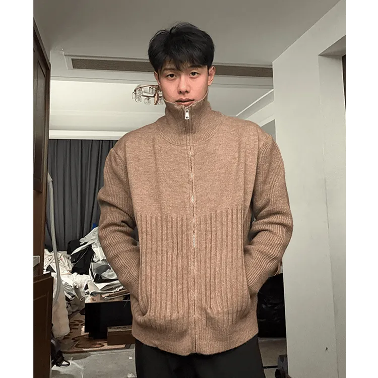 【斌子专属】高领开衫毛衣男款秋季宽松慵懒风条纹立领拉链针织衫