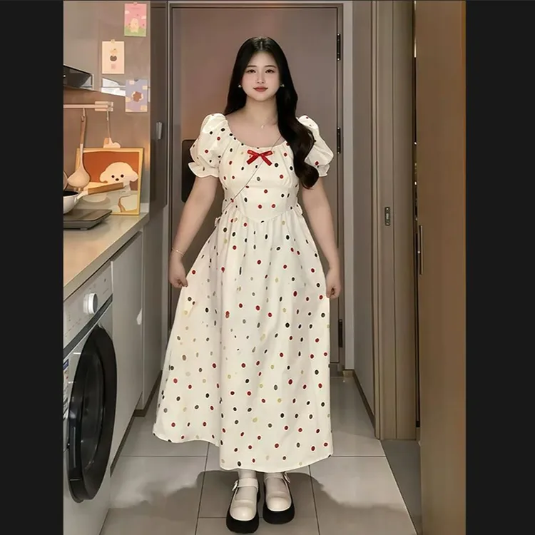 大码甜美mm少女显瘦彩色夏季波点收腰新款法式长连衣裙公主蓬蓬裙
