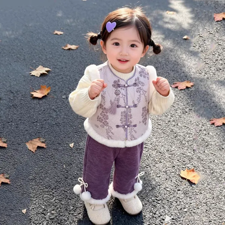 2026新款女童唐装马甲冬装国风盘扣流苏拼接毛边背心女宝宝拜年服